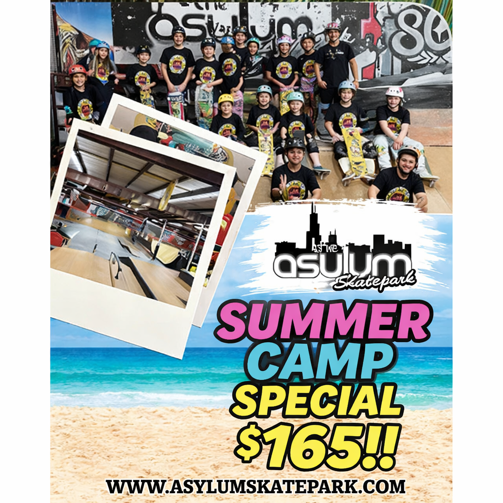 Promotional flyer for Asylum Skatepark Summer Camp special with group photo and beach scene.
