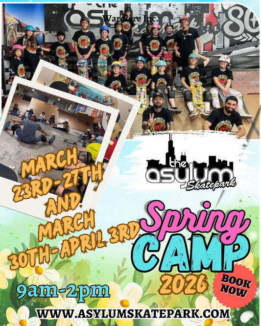 Promotional flyer for Asylum Skatepark Spring Camp 2026 with event details and skateboarding images.