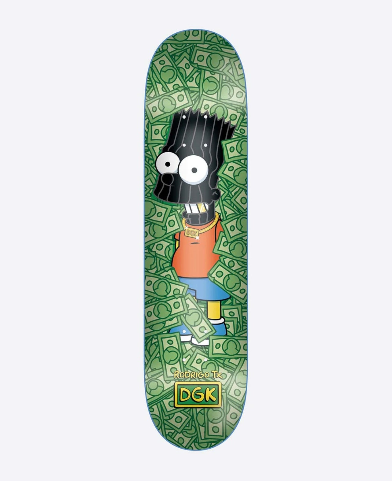 Skateboard deck with a cartoon character design on a green background