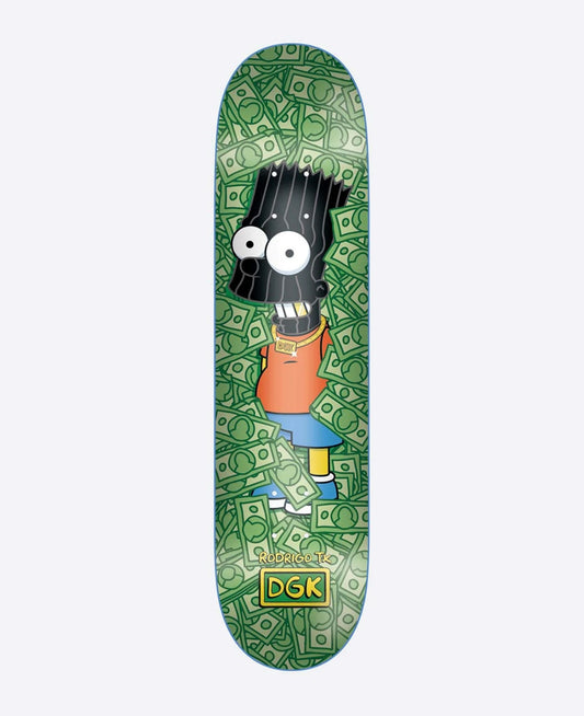 Skateboard deck with a cartoon character design on a green background