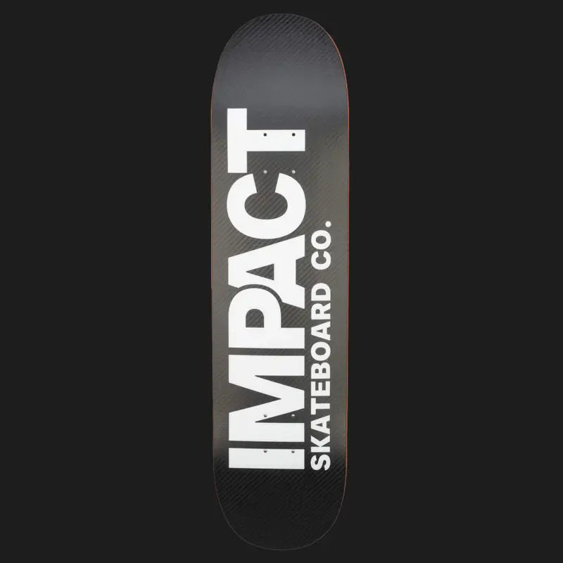 Black skateboard deck with 'IMPACT Skateboard Co.' logo on a white background