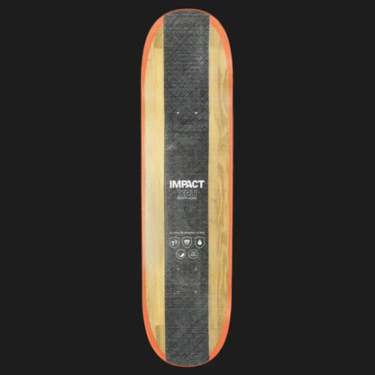 Skateboard deck with 'Impact' branding on a black background