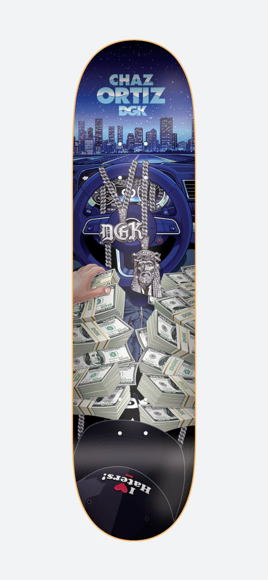 Skateboard deck with a design on a white background