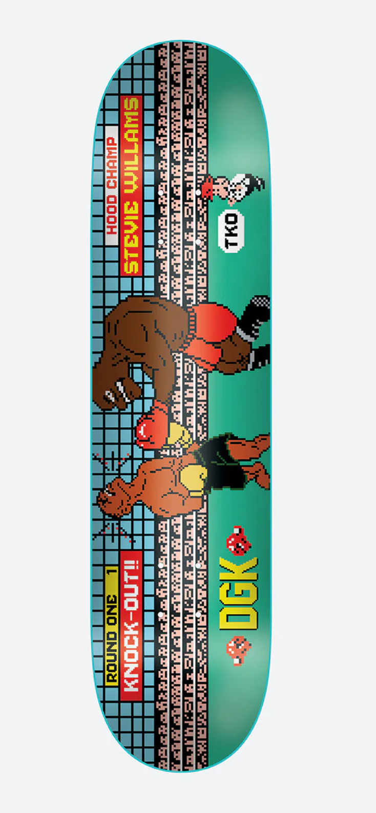 Skateboard deck with colorful design and 'DGK' branding on a white background