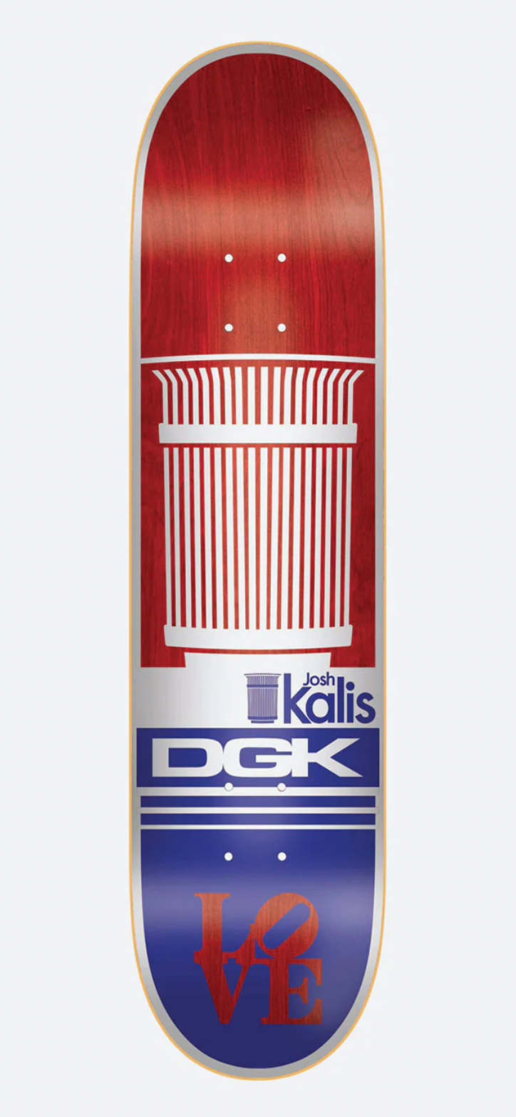 DGK skateboard deck with red and blue design on a white background