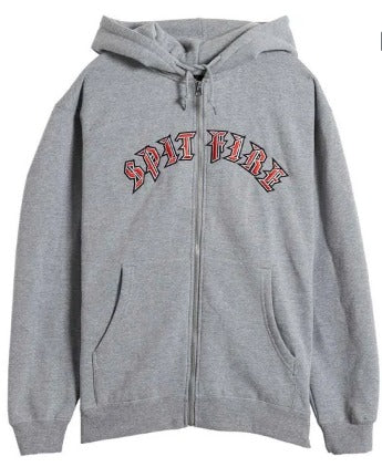 Spitfire Embroidered Old English Zip Up Hoodie (Grey)