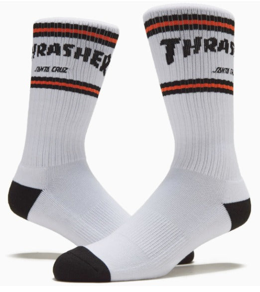 Santa Cruz X Thrasher Striped Crew Socks (White)