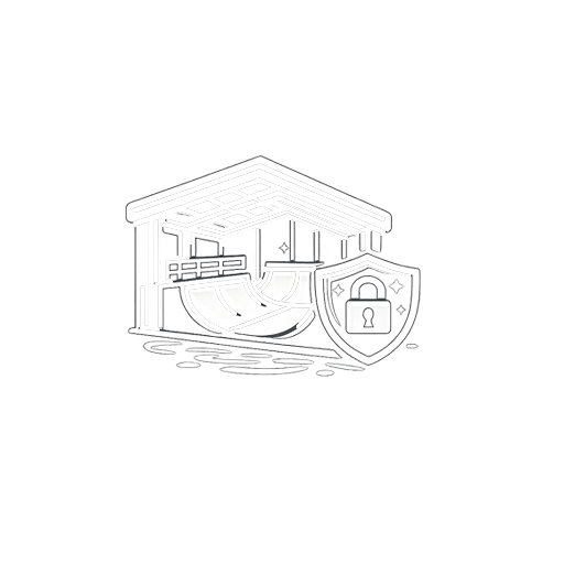 Illustration of a skatepark with a shield and lock, symbolizing security.