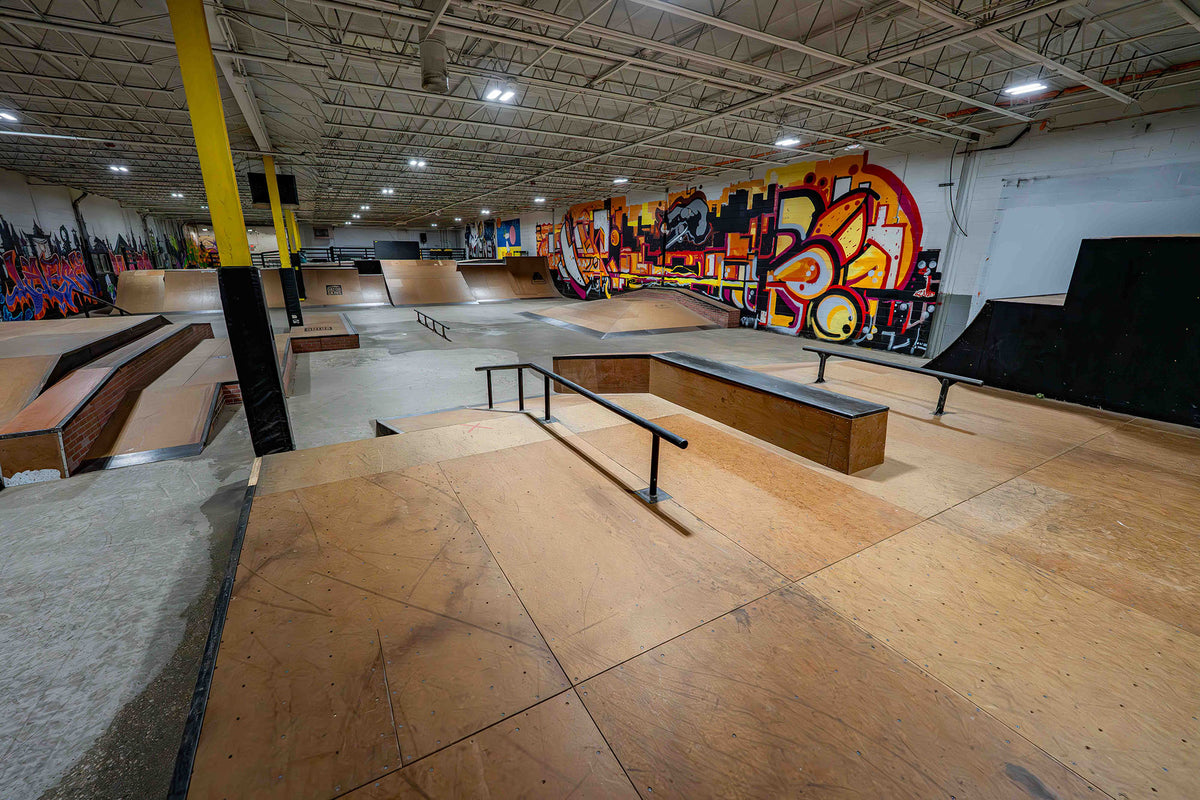 Indoor skateboard park near Chicago with street course and bowl at Asylum Skatepark