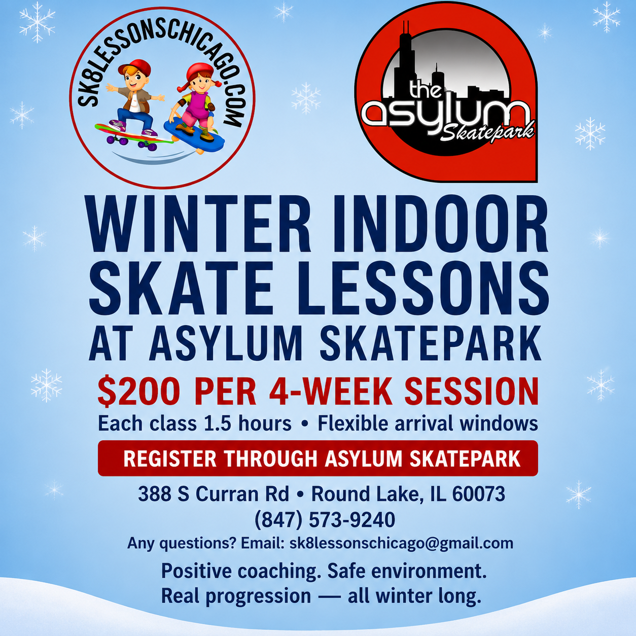 Promotional flyer for winter indoor skate lessons at Asylum Skatepark, featuring the Asylum Skatepark logo and the SKBLESSONSCHICAGO.COM logo on a light blue background with snowflake graphics.